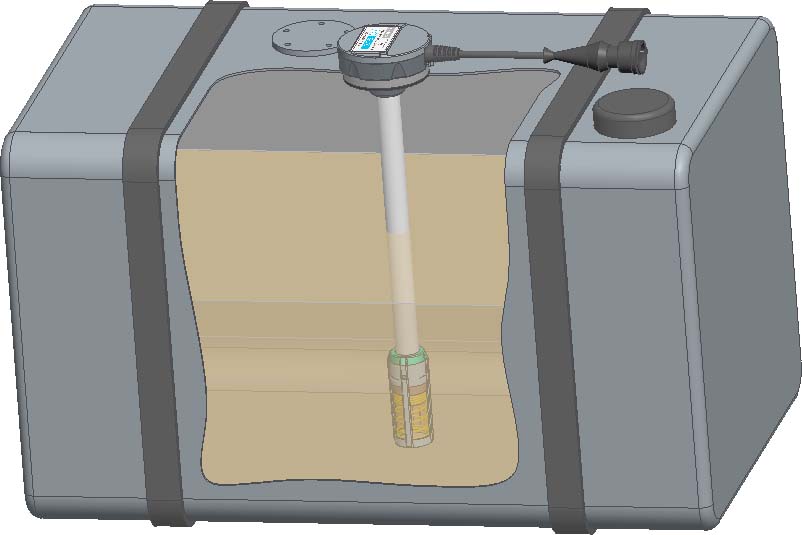 DUT-E fuel level sensor installed inside a fuel tank — 3D cross-section